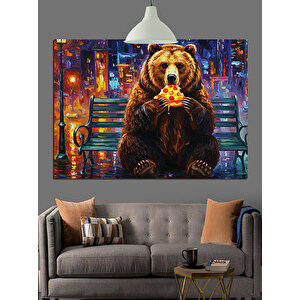 Pizza Yiyen Kahverengi Ayı Dekoratif Kanvas - Mdf Ahşap Tablo 25x35 cm