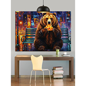 Pizza Yiyen Kahverengi Ayı Dekoratif Kanvas - Mdf Ahşap Tablo