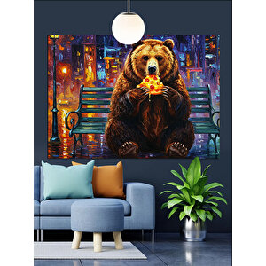 Pizza Yiyen Kahverengi Ayı Dekoratif Kanvas - Mdf Ahşap Tablo