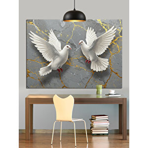 Mermer Üzerinde Beyaz Güvercinler Dekoratif Kanvas - Mdf Ahşap Tablo