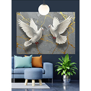 Mermer Üzerinde Beyaz Güvercinler Dekoratif Kanvas - Mdf Ahşap Tablo