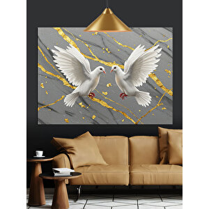 Altın Fondaki Güvercinler Dekoratif Kanvas - Mdf Ahşap Tablo 70x100 cm