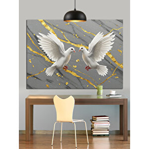 Altın Fondaki Güvercinler Dekoratif Kanvas - Mdf Ahşap Tablo