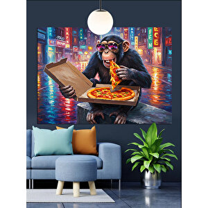 Pizza Yiyen Maymun Dekoratif Kanvas - Mdf Ahşap Tablo 70x100 cm