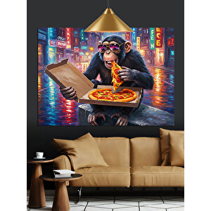Pizza Yiyen Maymun Dekoratif Kanvas - Mdf Ahşap Tablo 70x100 cm