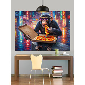 Pizza Yiyen Maymun Dekoratif Kanvas - Mdf Ahşap Tablo