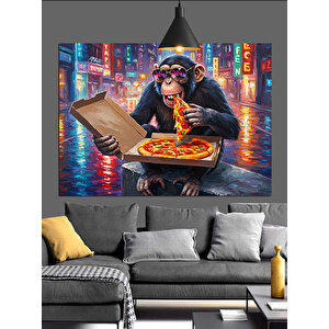 Pizza Yiyen Maymun Dekoratif Kanvas - Mdf Ahşap Tablo 35x50 cm