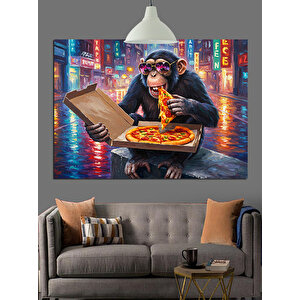 Pizza Yiyen Maymun Dekoratif Kanvas - Mdf Ahşap Tablo