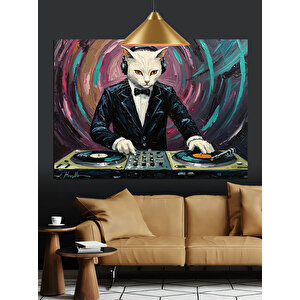 Dj Masasında Kedi Dekoratif Kanvas - Mdf Ahşap Tablo 70x100 cm