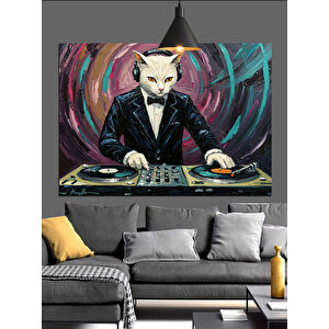 Dj Masasında Kedi Dekoratif Kanvas - Mdf Ahşap Tablo