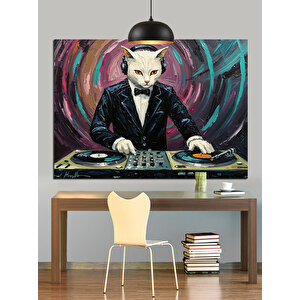 Dj Masasında Kedi Dekoratif Kanvas - Mdf Ahşap Tablo 50x70 cm