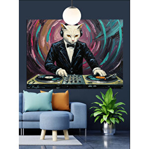 Dj Masasında Kedi Dekoratif Kanvas - Mdf Ahşap Tablo 50x70 cm