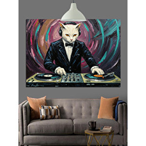 Dj Masasında Kedi Dekoratif Kanvas - Mdf Ahşap Tablo