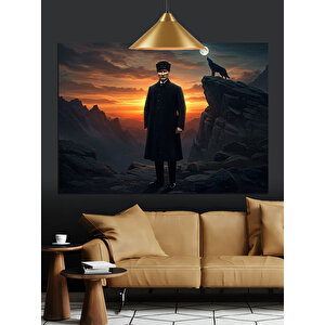Dağ Zirvesinde Atatürk Silüeti Dekoratif Kanvas - Mdf Ahşap Tablo
