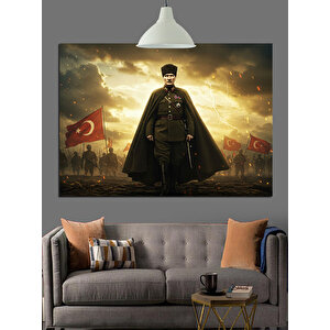 Bayraklar Önünde Askeri Atatürk Dekoratif Kanvas - Mdf Ahşap Tablo 35x50 cm