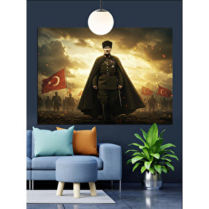 Bayraklar Önünde Askeri Atatürk Dekoratif Kanvas - Mdf Ahşap Tablo 35x50 cm