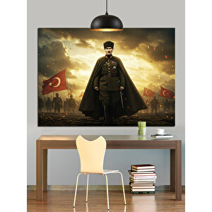 Bayraklar Önünde Askeri Atatürk Dekoratif Kanvas - Mdf Ahşap Tablo 70x100 cm