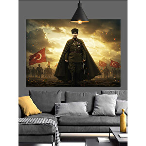 Bayraklar Önünde Askeri Atatürk Dekoratif Kanvas - Mdf Ahşap Tablo
