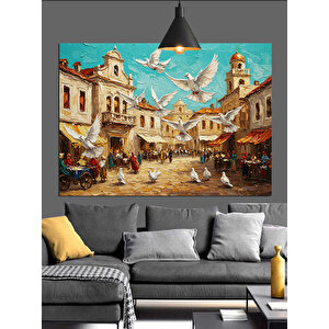 Güvercinli Şehir Meydanı Dekoratif Kanvas - Mdf Ahşap Tablo 50x70 cm