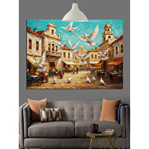 Güvercinli Şehir Meydanı Dekoratif Kanvas - Mdf Ahşap Tablo 50x70 cm