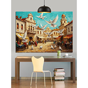 Güvercinli Şehir Meydanı Dekoratif Kanvas - Mdf Ahşap Tablo 50x70 cm