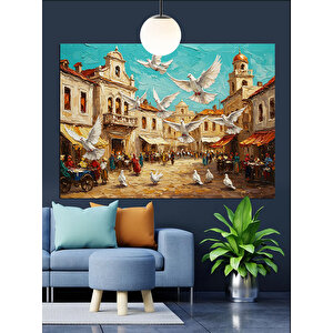 Güvercinli Şehir Meydanı Dekoratif Kanvas - Mdf Ahşap Tablo