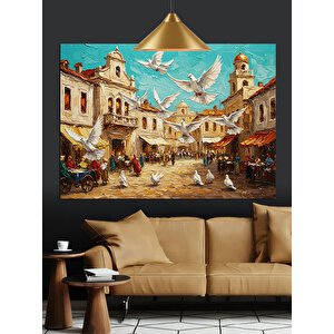 Güvercinli Şehir Meydanı Dekoratif Kanvas - Mdf Ahşap Tablo