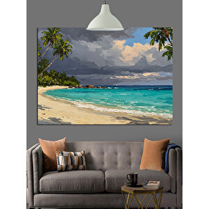 Palmiye Ağaçlı Tropik Sahil Dekoratif Kanvas - Mdf Ahşap Tablo 50x70 cm