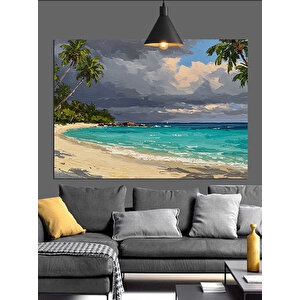 Palmiye Ağaçlı Tropik Sahil Dekoratif Kanvas - Mdf Ahşap Tablo