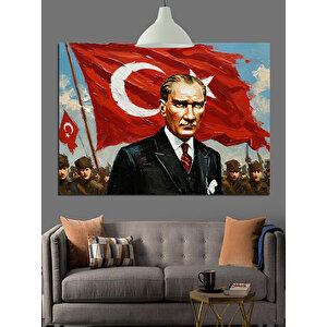Bayrak Önünde Atatürk Portresi Dekoratif Kanvas - Mdf Ahşap Tablo 70x100 cm