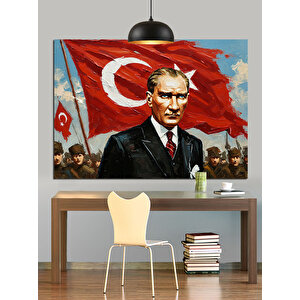 Bayrak Önünde Atatürk Portresi Dekoratif Kanvas - Mdf Ahşap Tablo 70x100 cm