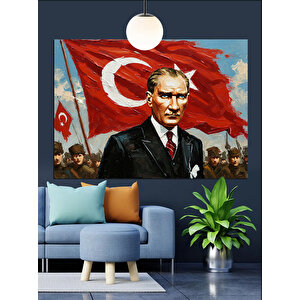Bayrak Önünde Atatürk Portresi Dekoratif Kanvas - Mdf Ahşap Tablo 25x35 cm