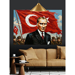 Bayrak Önünde Atatürk Portresi Dekoratif Kanvas - Mdf Ahşap Tablo
