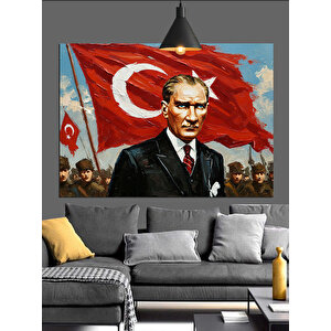 Bayrak Önünde Atatürk Portresi Dekoratif Kanvas - Mdf Ahşap Tablo