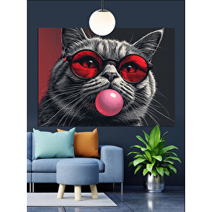 Kırmızı Gözlüklü Sakız Çiğneyen Kedi Dekoratif Kanvas - Mdf Ahşap Tablo 70x100 cm