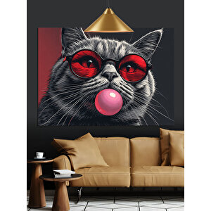 Kırmızı Gözlüklü Sakız Çiğneyen Kedi Dekoratif Kanvas - Mdf Ahşap Tablo 70x100 cm