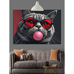 Kırmızı Gözlüklü Sakız Çiğneyen Kedi Dekoratif Kanvas - Mdf Ahşap Tablo