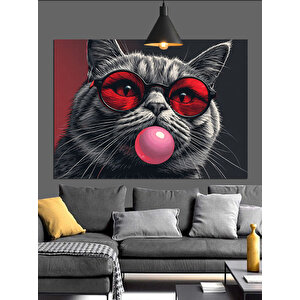 Kırmızı Gözlüklü Sakız Çiğneyen Kedi Dekoratif Kanvas - Mdf Ahşap Tablo 35x50 cm