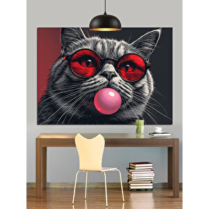Kırmızı Gözlüklü Sakız Çiğneyen Kedi Dekoratif Kanvas - Mdf Ahşap Tablo