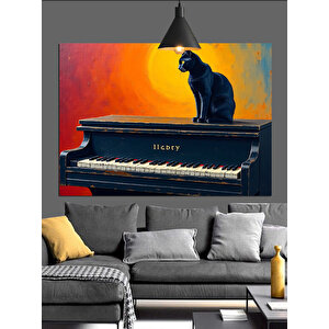Piyanonun Üstünde Siyah Kedi Dekoratif Kanvas - Mdf Ahşap Tablo 70x100 cm