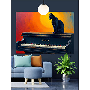 Piyanonun Üstünde Siyah Kedi Dekoratif Kanvas - Mdf Ahşap Tablo