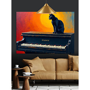 Piyanonun Üstünde Siyah Kedi Dekoratif Kanvas - Mdf Ahşap Tablo