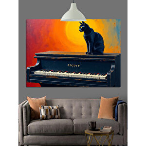 Piyanonun Üstünde Siyah Kedi Dekoratif Kanvas - Mdf Ahşap Tablo 50x70 cm
