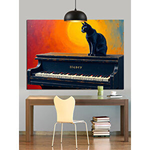 Piyanonun Üstünde Siyah Kedi Dekoratif Kanvas - Mdf Ahşap Tablo 50x70 cm