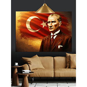 Kırmızı Fonlu Atatürk Portresi Dekoratif Kanvas - Mdf Ahşap Tablo 50x70 cm