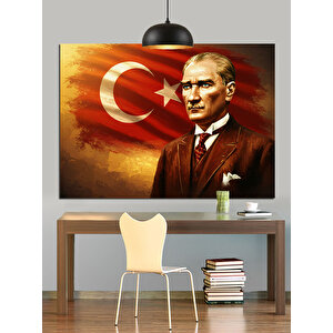 Kırmızı Fonlu Atatürk Portresi Dekoratif Kanvas - Mdf Ahşap Tablo