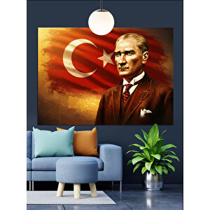 Kırmızı Fonlu Atatürk Portresi Dekoratif Kanvas - Mdf Ahşap Tablo 25x35 cm