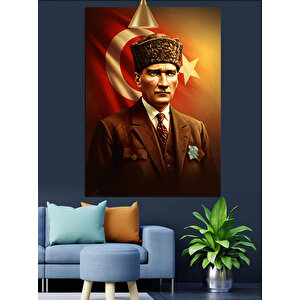 Bayrak Önünde Mustafa Kemal Atatürk Dekoratif Kanvas - Mdf Ahşap Tablo 35x50 cm