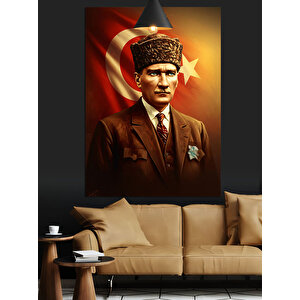 Bayrak Önünde Mustafa Kemal Atatürk Dekoratif Kanvas - Mdf Ahşap Tablo 35x50 cm