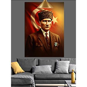 Bayrak Önünde Mustafa Kemal Atatürk Dekoratif Kanvas - Mdf Ahşap Tablo 35x50 cm